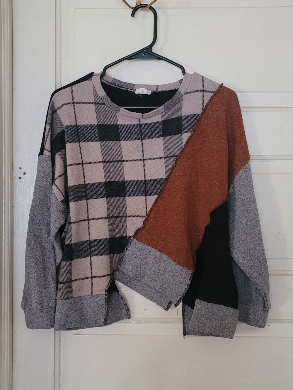 BIBI Asymmetrical Colorblock Patchwork Sweater | Plaid Rust Black Cozy Knit Top